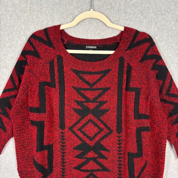 Express Sweater Women XS Red Black Wool Mohair Aztec Southwestern Tribal Slouchy - Picture 2 of 10